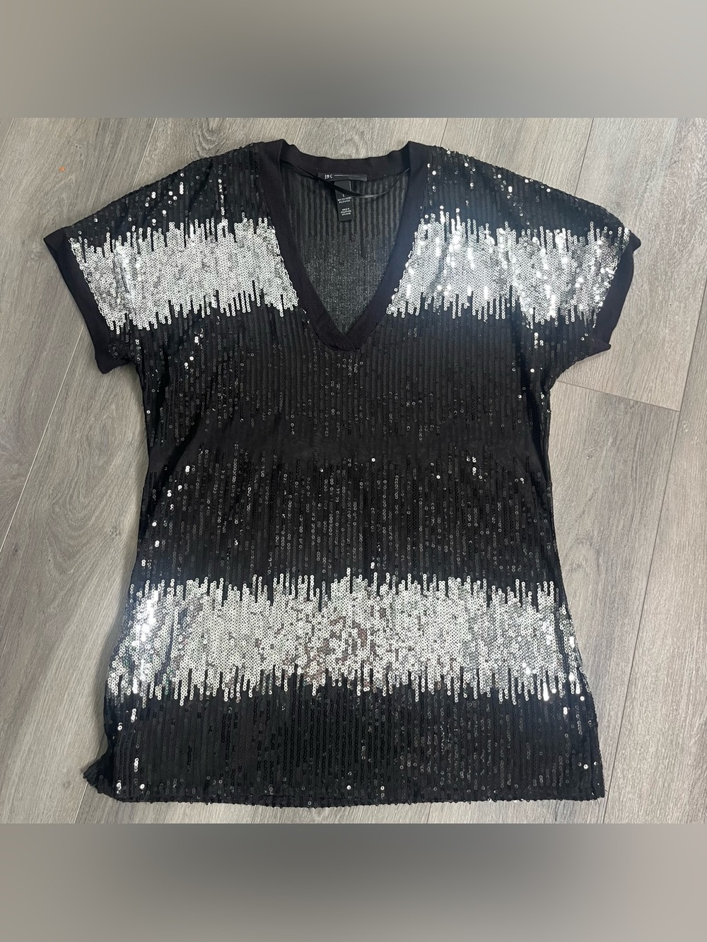INC International Concepts Black Silver Sequin V-Neck Top Large
